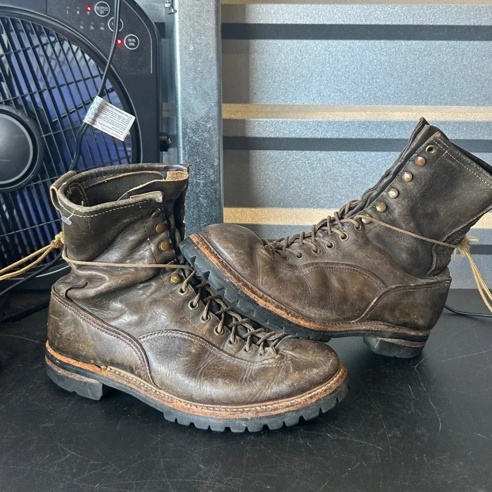 Vintage Brown Leather Logger Work Boots Vibram Montagna Lug Mens 12in Outsole